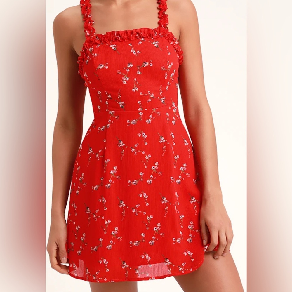 Lulus Red Floral Mini Dress Rayon Sz Small Smocked Ruffle Strap
